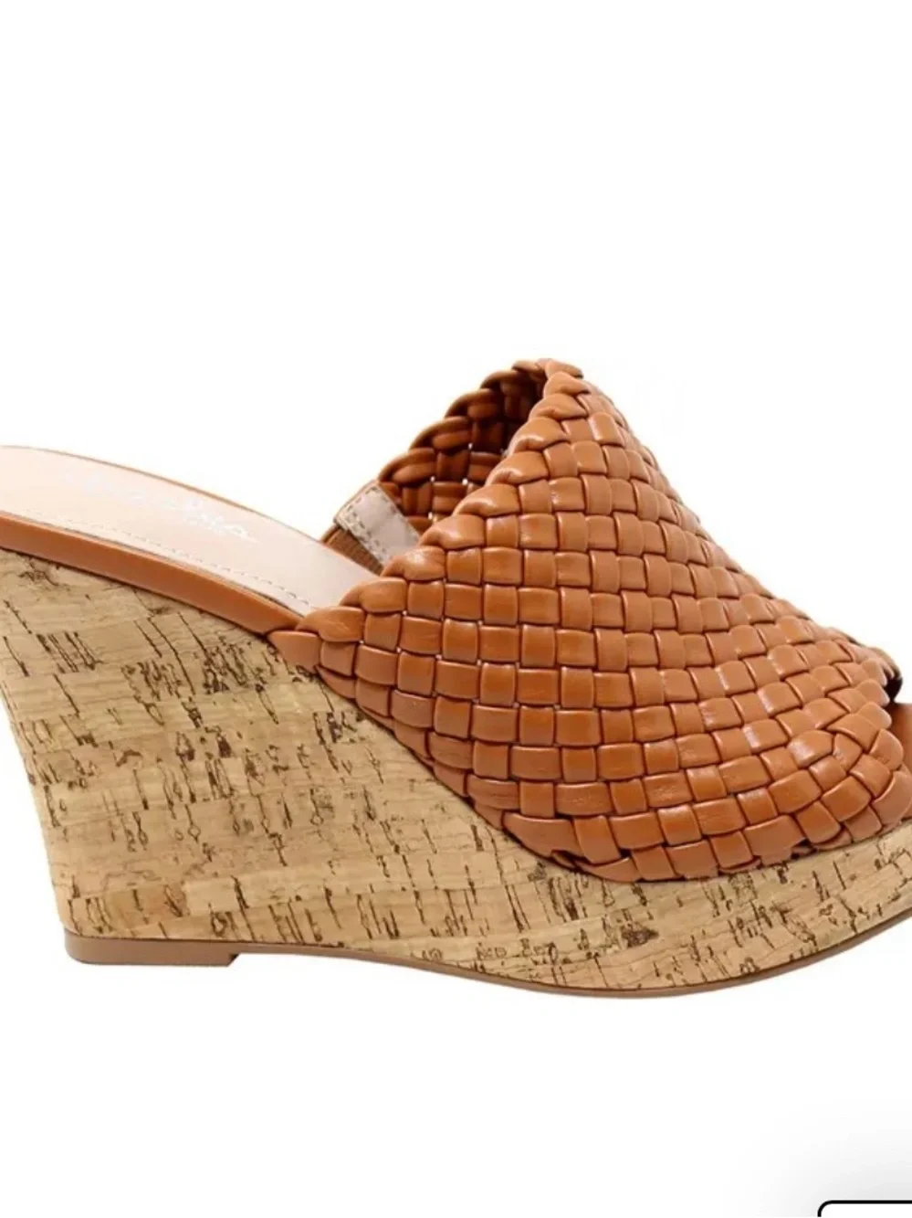 Charles David Lolli Cognac Woven Leather Cork Wedge Slide, new in box size 10